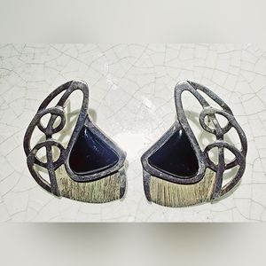 artisan sterling silver and onyx modernist design filigree post earrings